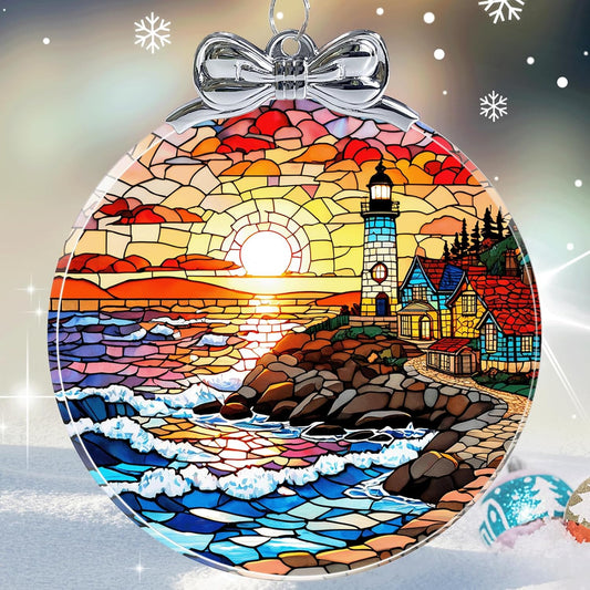 Lighthouse Stained Glass Christmas Ornament - Hanging Ornaments for Christmas Tree Decorations -Holiday Keepsake Present Exchange Idea