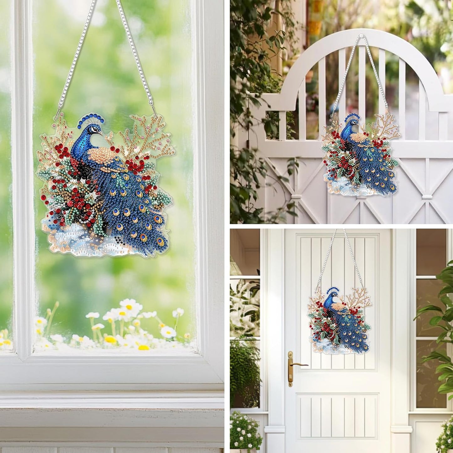EOBROMD Diamond Hanging Art Kits for Adults, Peacock Flower Diamond Art Painting Suncatcher, DIY Special Shaped Rhinestone Kits for Adults, Window Pendants Home Garden Wall Hanging Ornament
