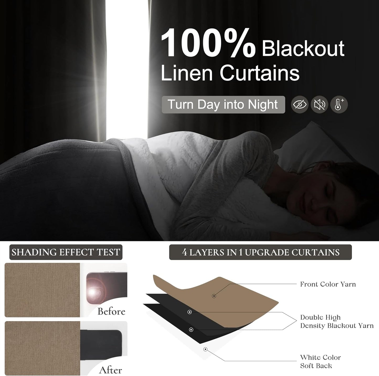 RustBrown Linen Pinch Pleated Blackout Curtains & Drapes 96 Inch Long Bedroom/Livingroom Farmhouse Curtains 2 Panel Sets, Neutral Track Room Darkening Thermal Insulated 8ft Back Tab Window Curtain