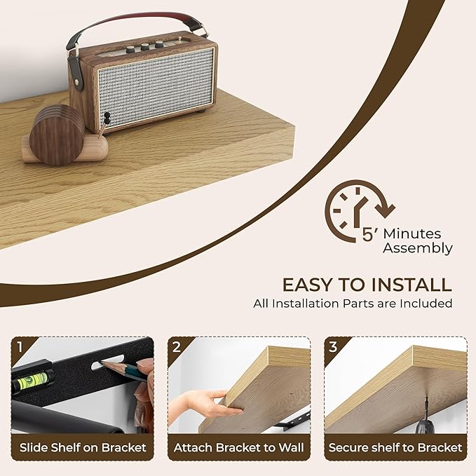 RICHFOCUS 55Inch Floating Shelves for Wall 2 Pack Shelves for Bedroom|Kitchen|Bathroom Wall Mounted Rustic Wood Floating Shelf with Invisible Brackets for Books|Storage|Decor, Oak