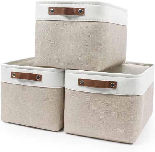 Storage Bins Large Fabric Storage Baskets for Shelves 3 Pack, Decorative Linen Closet Baskets with Handles for Organizing, Shelf, Clothes, Home, Office, 15x11x9.5Inches (Beige&White)