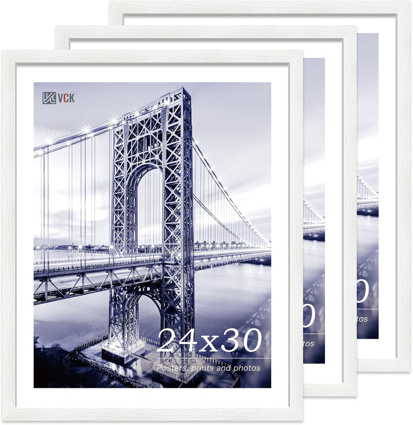 VCK 24x30 Poster Frames Set of 3, White Solid Wood Picture Frame, Textured Exclusive Gallery Frame - Wall Hanging