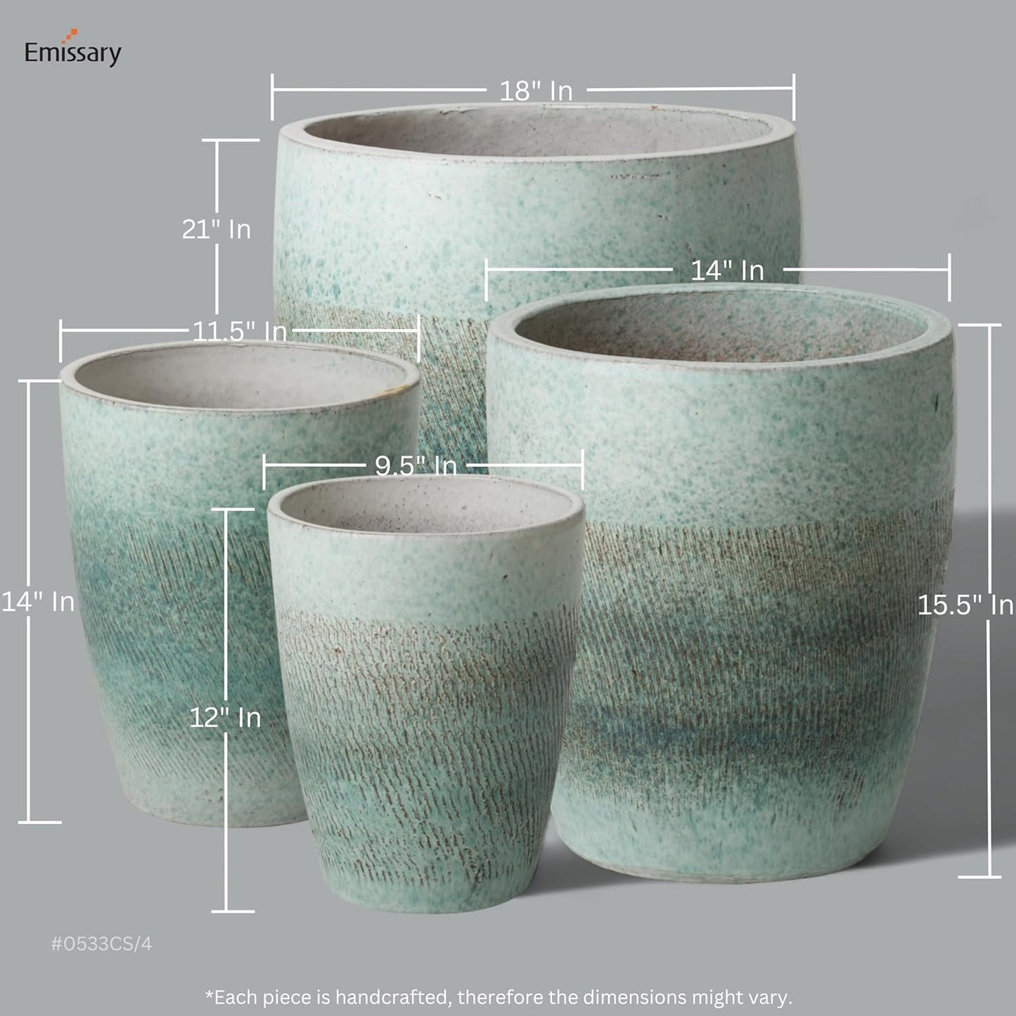 Emissary Home and Garden Bullet 12in., 14in., 15.5in., 21in. H Coastal Splash Ceramic Round Planters with Drainage Hole (Set of 4)