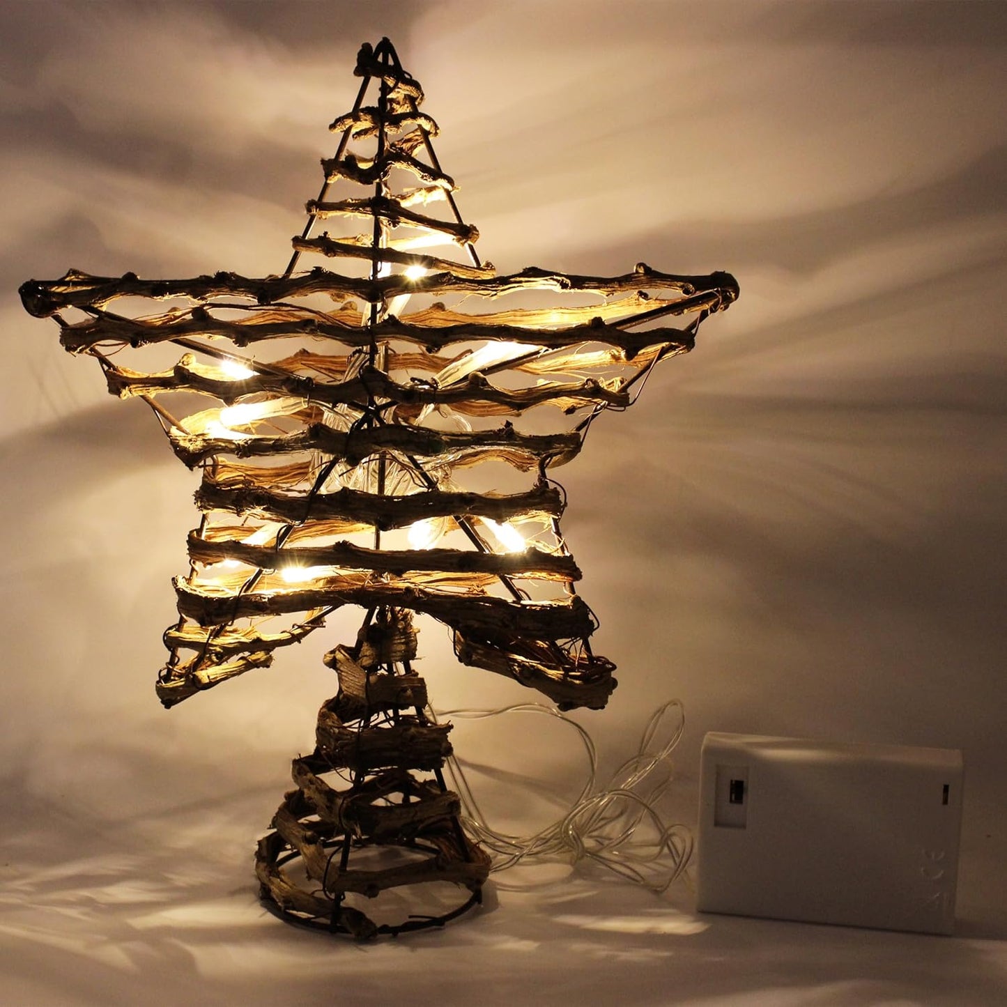 CVHOMEDECO. Rustic Rattan Christmas Tree Star Topper with LED Lights, Farmhouse Christmas Tree Toppers Decoration, 8 x 10 Inch