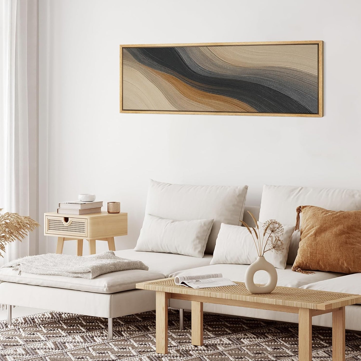 MUDECOR Large Framed Canvas Print Wall Art Abstract Wave Pattern Neutral Black and Brown Modern Geometric Illustrations Decorative Colorful for Bedroom - 60"x20"