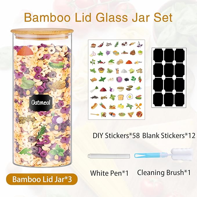 Glass Jars with Bamboo Lids, 58 oz 3 Pcs Kitchen Glass Containers with Bamboo Lids, Airtight Glass Pantry Storage Containers with Lids for Rice, Flour, Nuts, Cookie, Pasta, Oatmeal, Bean