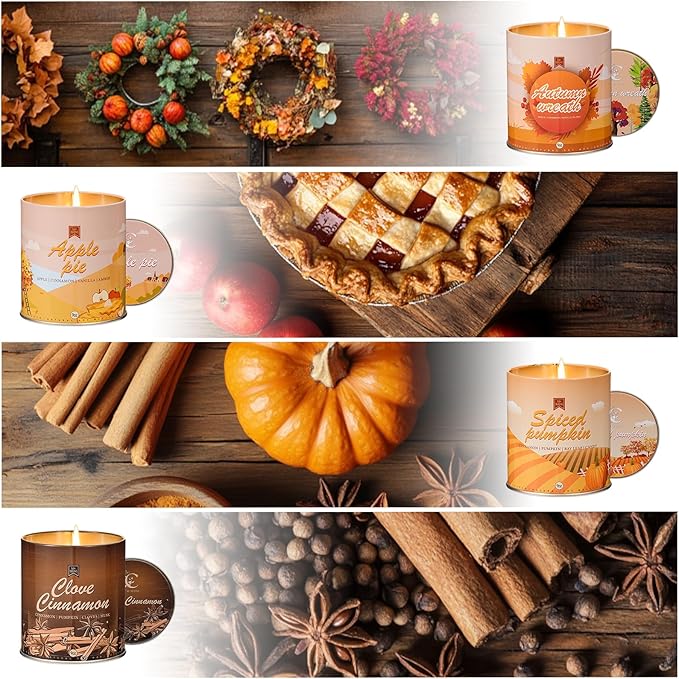 4 Pack Scented Fall Candles Set, 36oz Aromatherapy Soy Wax Candles for Home Scented, Halloween House Warming Gifts Birthday Candle for Women Halloween Apple Pie/Autumn Wreath/Cinnamon/Pumpkin Candle