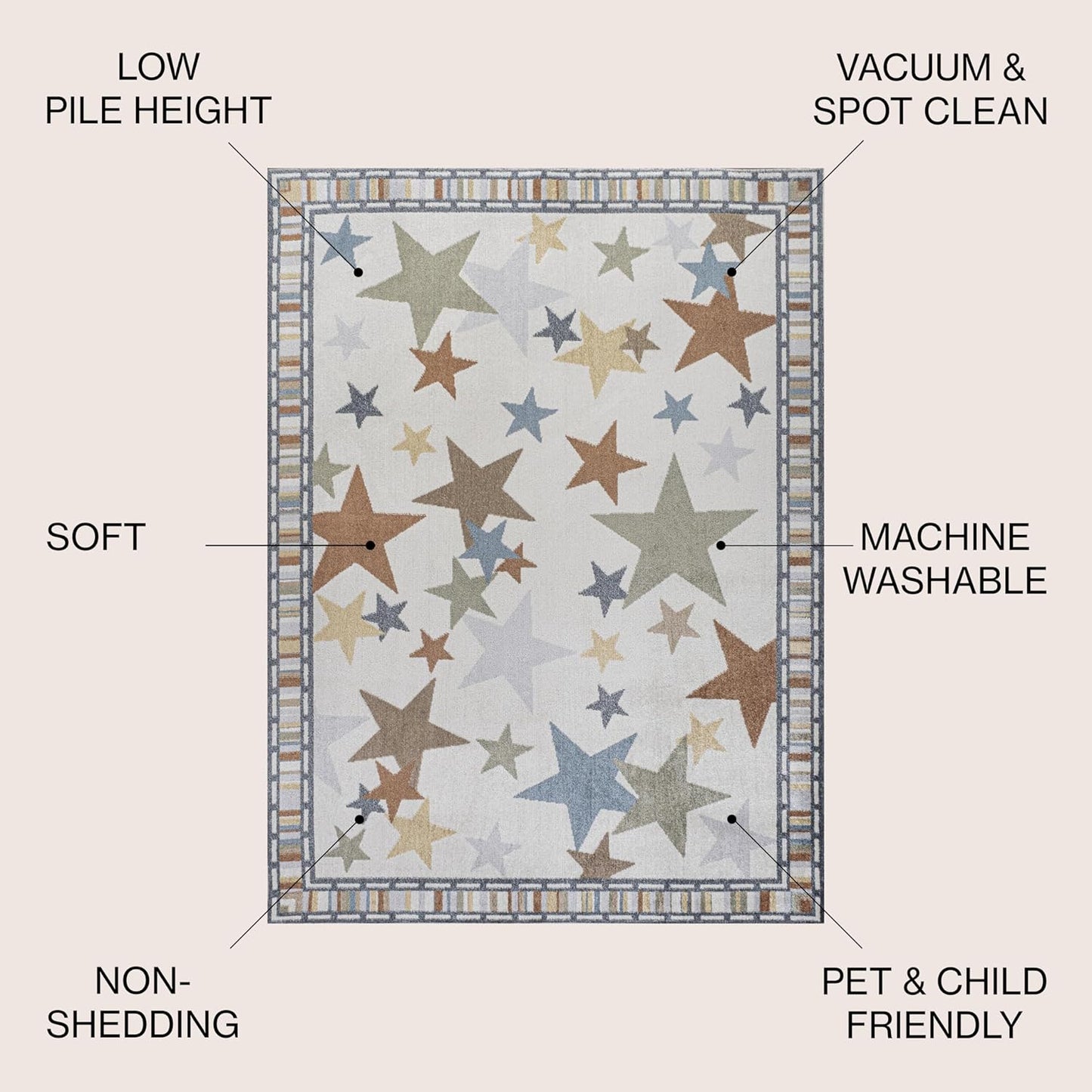 JONATHAN Y Machine-Washable Ivory/Blue/Orange Indoor Area Rug, 8x10, Star Gazer Geometric, Border, Kids & Novelty, Classic, Bedroom, Kitchen, Living Room, Easy-Cleaning, Non-Shedding (KDW100A-8)