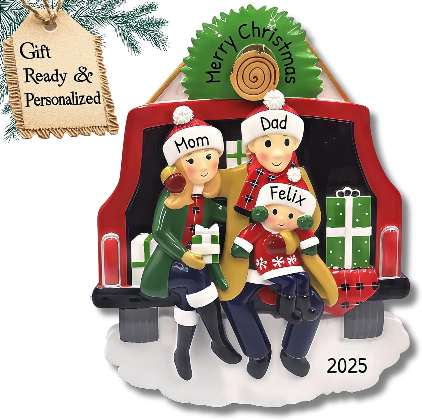 3D Santa Hat Family of 3 Christmas Ornament 2025 Personalized Family Christmas Ornaments 2025 | Road Trip on Vintage Car Personalized Tree Ornaments Customizable Gifts in Red Truck of Three Ornament