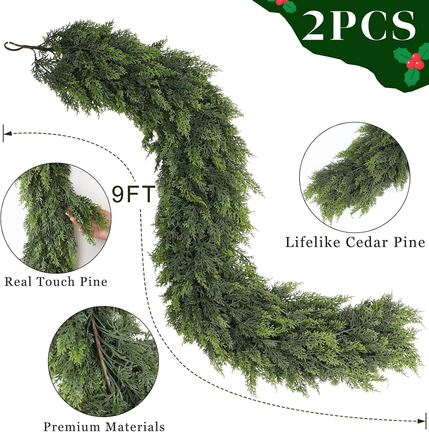 9FT Real Touch Cedar Garland - Artificial Christmas Garland Fake Green Faux Thick and Lush Pine Needles Garlands for Table Fireplace Mantle Holiday Home Indoor Outdoor Decor (2PCS)