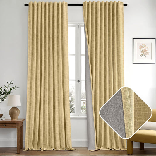 MIULEE Yellow 100% Blackout Linen Curtains 96 Inch 2 Panels Set Double Sided No Coating Pinch Pleated Back Tab Floor to Ceiling Black Out Thermal Insulated Bedroom Living Room Darkening Window Drapes