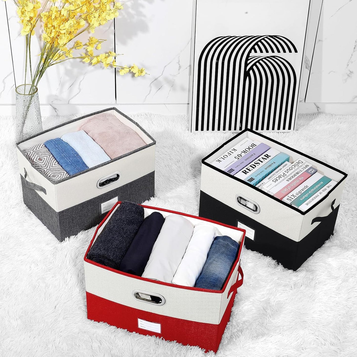 Large Linen Fabric Foldable Storage Bins with Removable Lid and Handles, Washable Storage Box Organizer Containers Baskets Cube with Cover for Bedroom,Office(Red&Cream, Large(2-Pack))