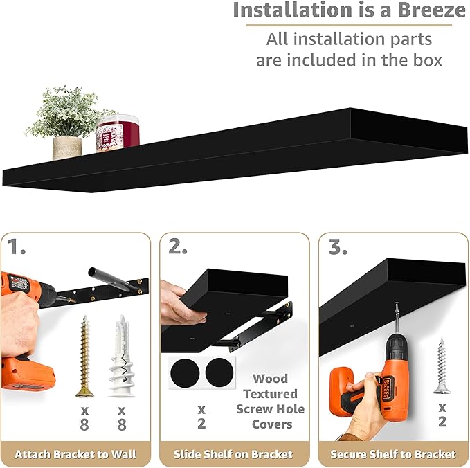 Sorbus Floating Shelves for Wall - 35 Inch Long Bathroom Shelves, Wall Decor for Bedroom, Kitchen, Living Room & Book Storage - Mounted Floating Shelf with Invisible Brackets (Black, 3 Pack)