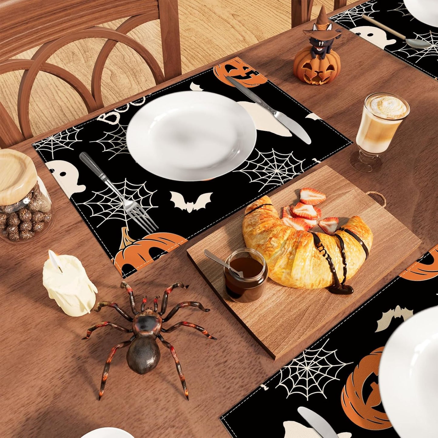 XCHI Boo Spooky Ghost Pumpkin Halloween Cloth Placemats Set of 6 Table Mats Table Decorations 12x18 Inch