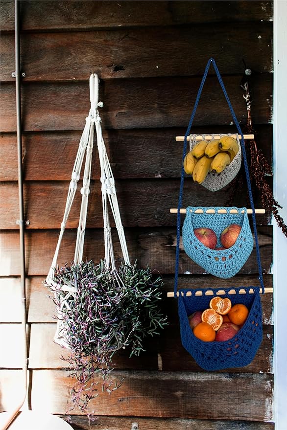 Hanging Fruit Basket, 3 Tier Cotton Macrame Produce Basket for Kitchen, Indoor Planter Hangers.