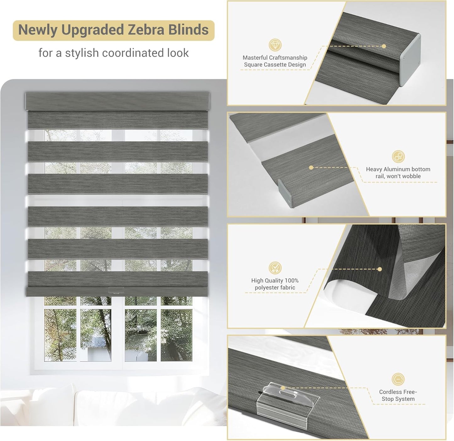 Cordless Zebra Blinds for Windows, Blackout Interior Blinds,Easy to Install,UV Protection,for Offices and Home,Custom Roller Shades, Mousse Grey,16" W x 80" H