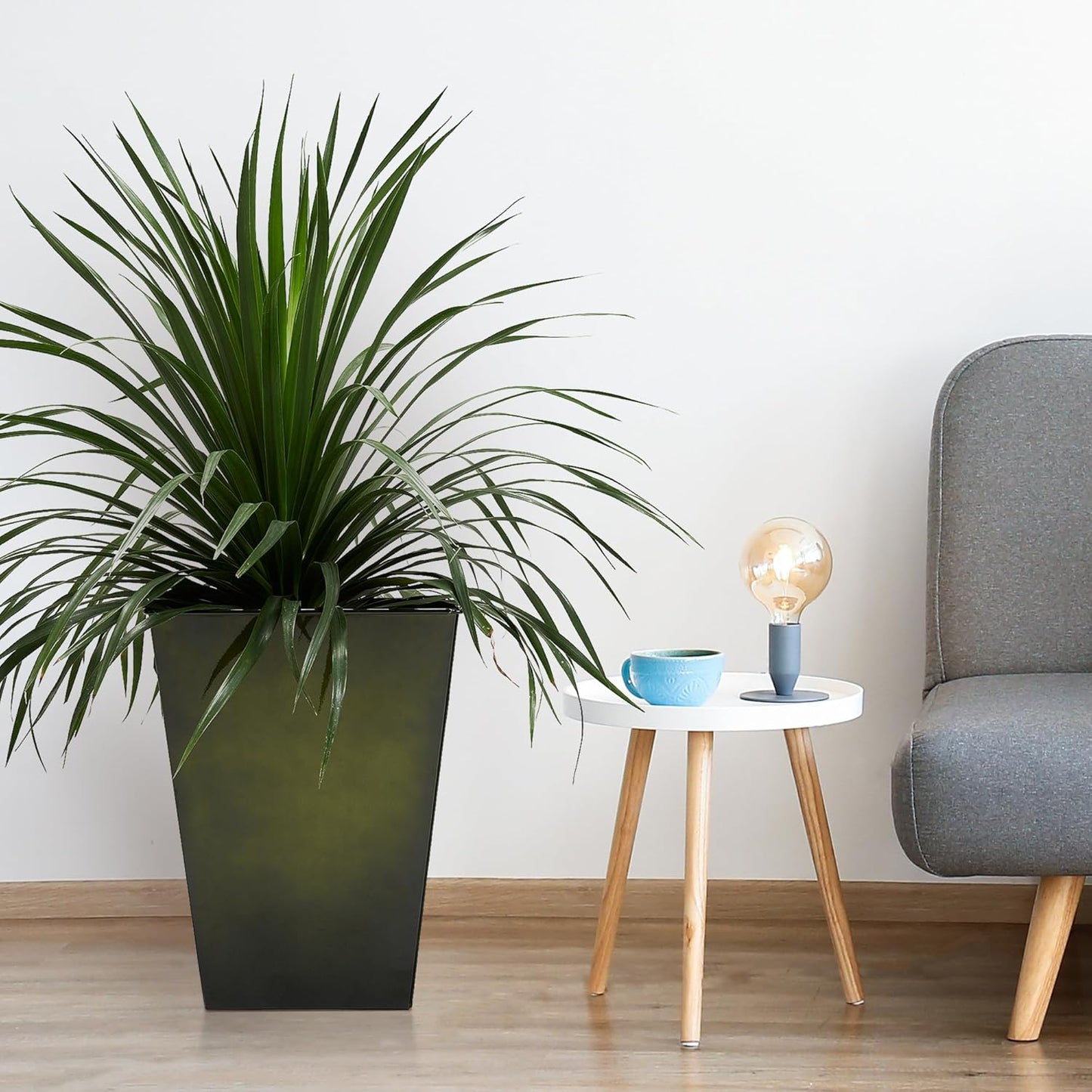 Worth Garden Large Metal Glazed Floor Planter Set of 2-14" Dia x 18" H - Luxurious Glossy Finish Green Tall Square Tapered Steel Plant Pots, Decor Flower Pot Indoor & Outdoor, Drainage Hole