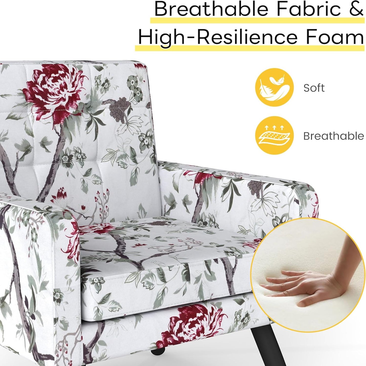 Kromax Mid-Century Modern Accent Chair Set of 2 for Living Room, 496 Lb. Weight Capacity, Dual Armrests, Comfy Extra Large Seat, Timeless Style Perfect for Reading & Relaxing, Red Floral