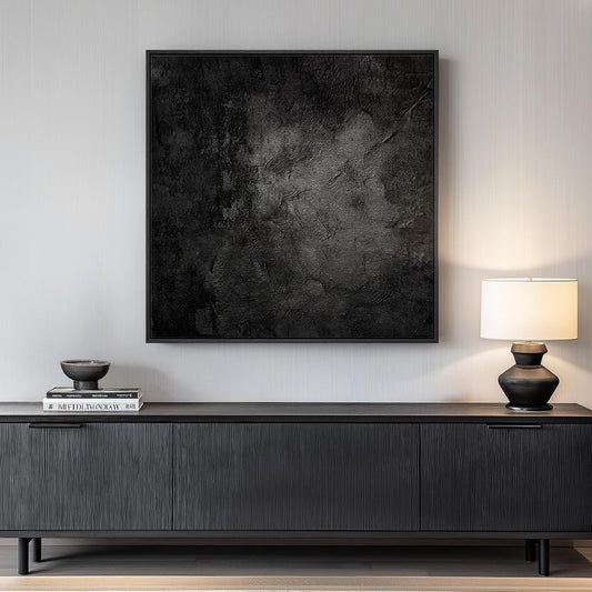 Framed Black Abstract Wall Art, Modern Canvas Prints Paintings Artwork for Walls, Square Minimalist All Black Pictures for Living Room, Hallway, Fireplace, Bedroom, Office, Bathroom Wall Decor