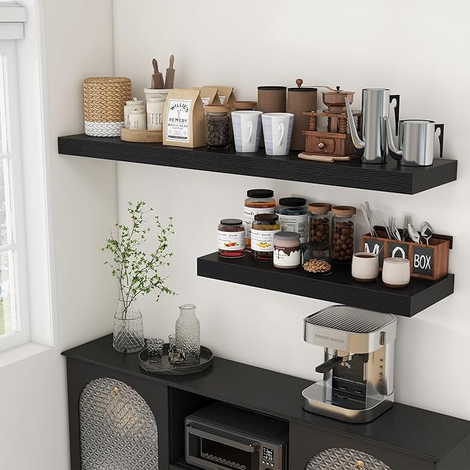 Black Floating Shelves for Wall - 55 Inch Wide x 12 Inch Deep Wall Shelves Set of 1 - Rustic Black Wood Shelves for Living Room, Bathroom, Laundry Room, Bedroom, Kitchen, Home Office