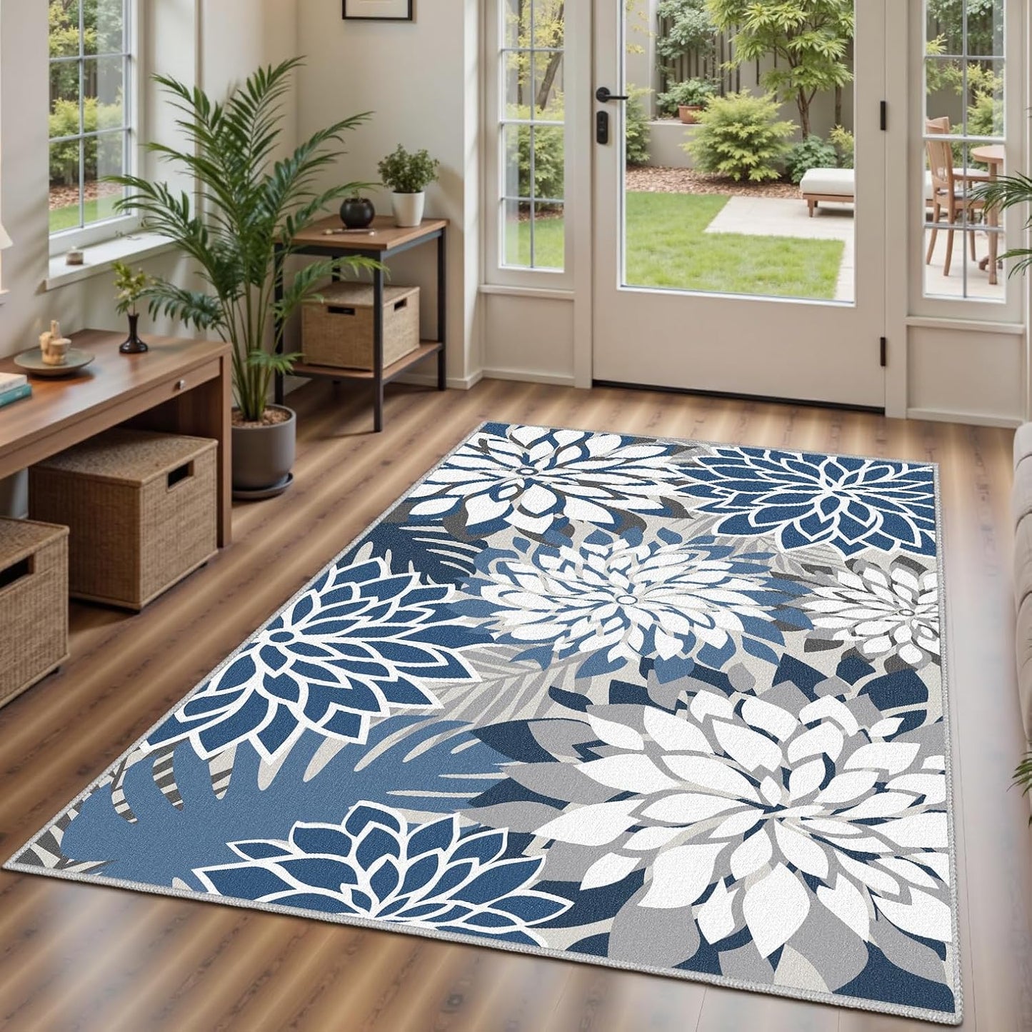 Area Rug 3x5 Blue White Washable Entry Rug Multicolored Tropical Botanical Modern Floral Indoor Kitchen Door Mat Entrance Carpet Non Slip for Bedroom Living Room, Porch