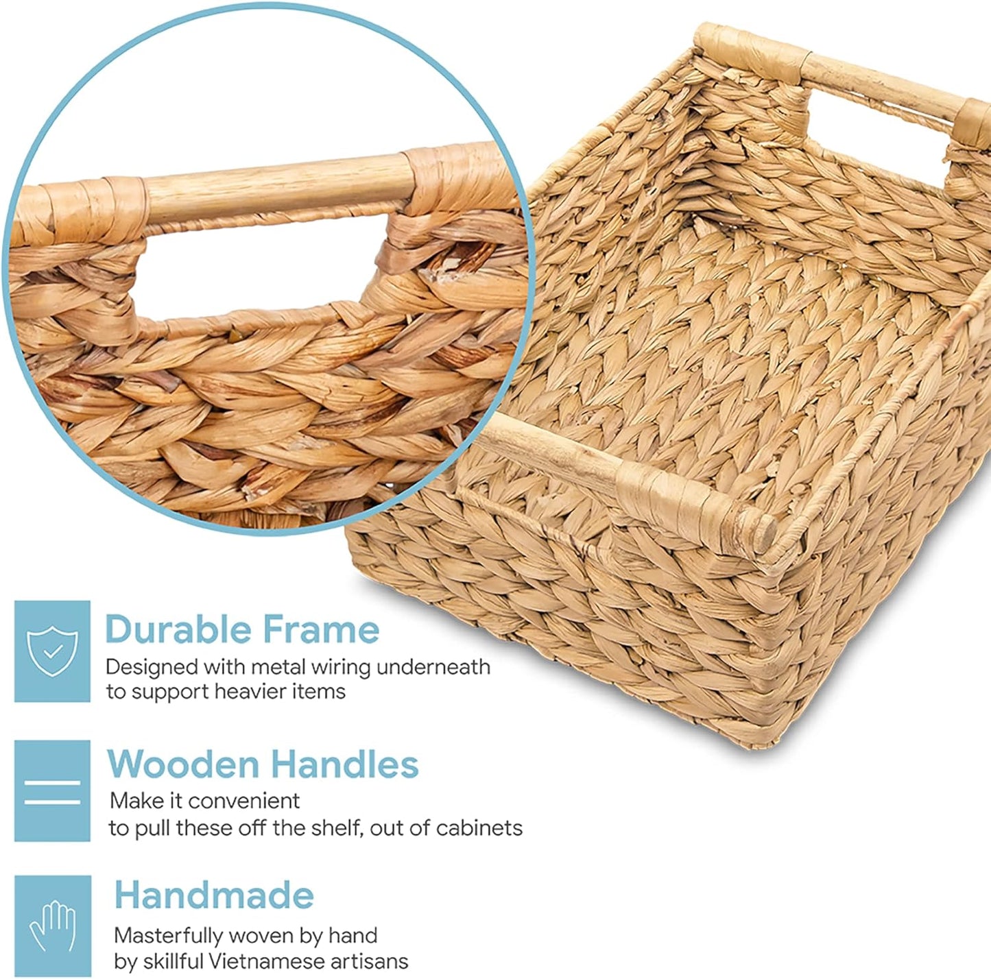 VATIMA Hyacinth Medium Wicker Basket 13.6x9.5x5.6" - With Handle, Living Room Decor, Rectangular Design