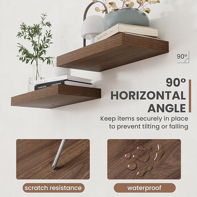 30 Inch Floating Shelves, 8 Inch Deep Floating Shelves for Wall, Hanging Shelf with Invisible Brackets, Deep Shelves for Bathroom, Bedroom, Living Room, Walnut, Set of 2