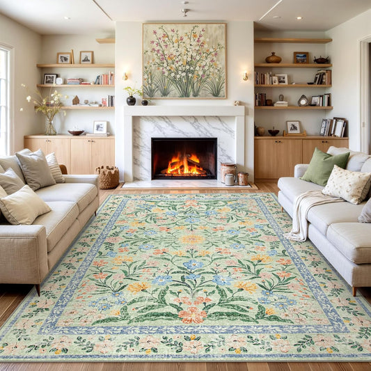 Wonnitar 10x14 Machine Washable Area Rugs, Green Floral Large Rugs for Living Room, Ultra-Thin Foldable Boho Flower Print Bedroom Carpet for Dorm Apartment Office