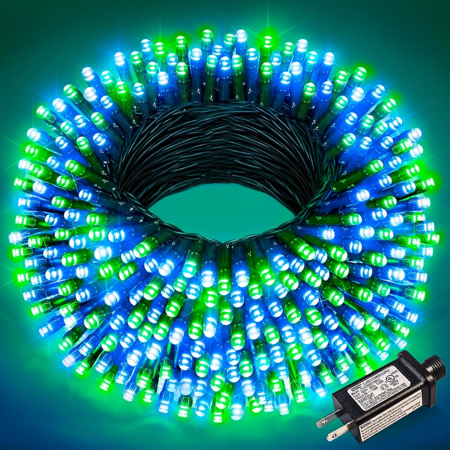 100FT 300 LED Christmas Lights Outdoor, Christmas Tree Lights with 8 Modes Waterproof, Plug in Green Wire String Twinkle Light for Indoor Xmas House Patio Yard Decorations, Blue Green