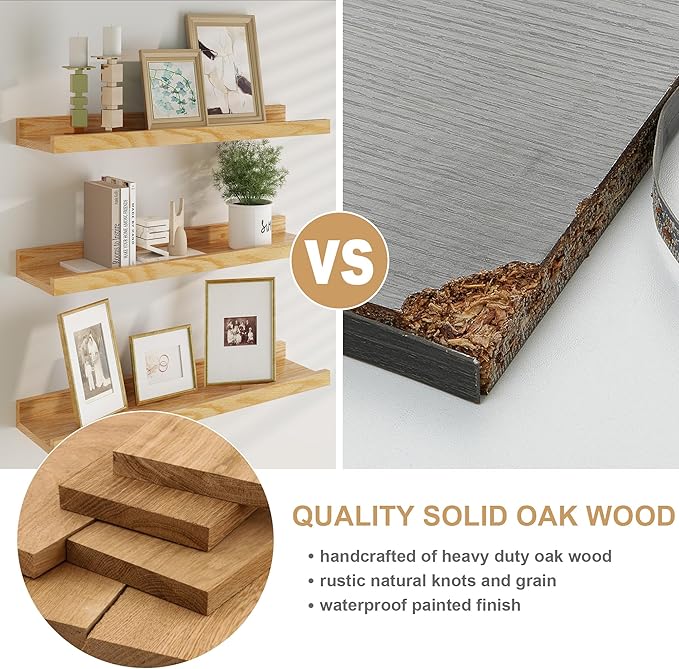 Floating Picture Ledge Shelves 36 Inch Solid Oak Wood Set of 2, Rustic Wall Storage Shelves with Lip, Kids Bookshelf, Photo & Picture Ledge Shelves for Bedroom, Living Room, Kitchen
