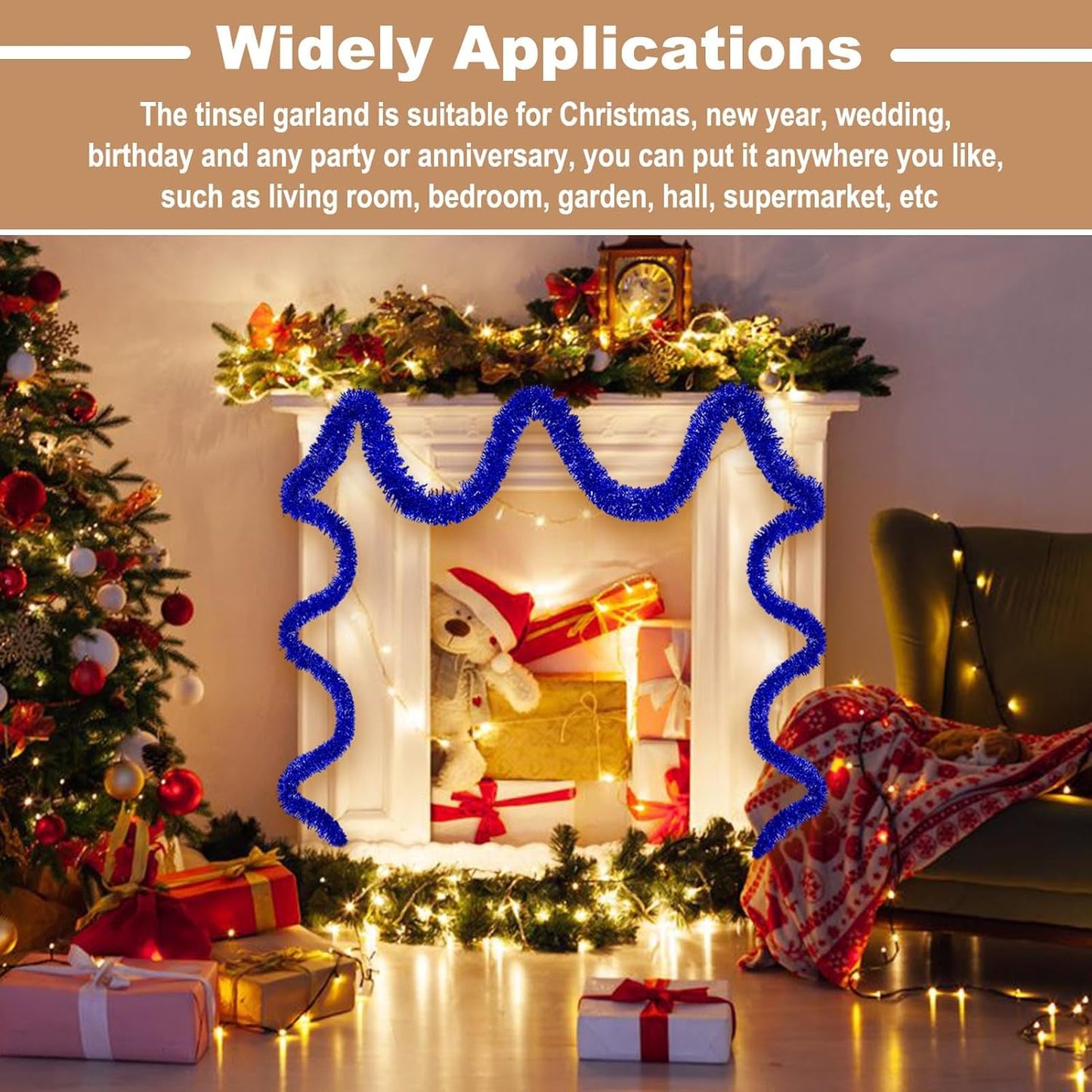 25 Feet Metallic Twist Tinsel Garland Backdrop for Parade Floats, Christmas Eve, New Year, Valentine's Day Party Decorations (Blue, 4in x 25ft)