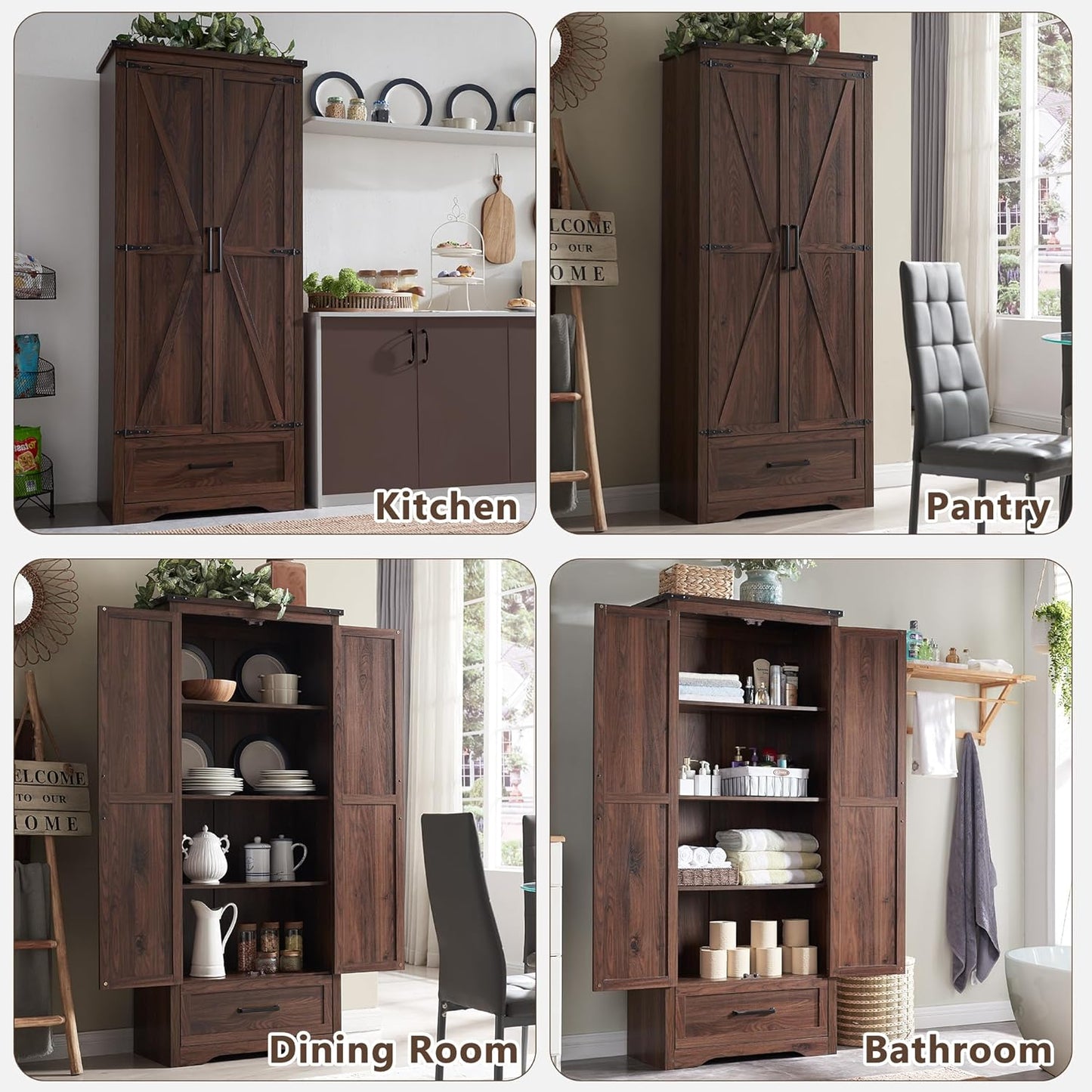 72" Tall Wood Storage Cabinet, Farmhouse Kitchen Pantry Cabinet with Adjustable Shelves & Drawer & Barn Doors, Versatile Storage for Kitchen, Dining Room, Bathroom, Brown