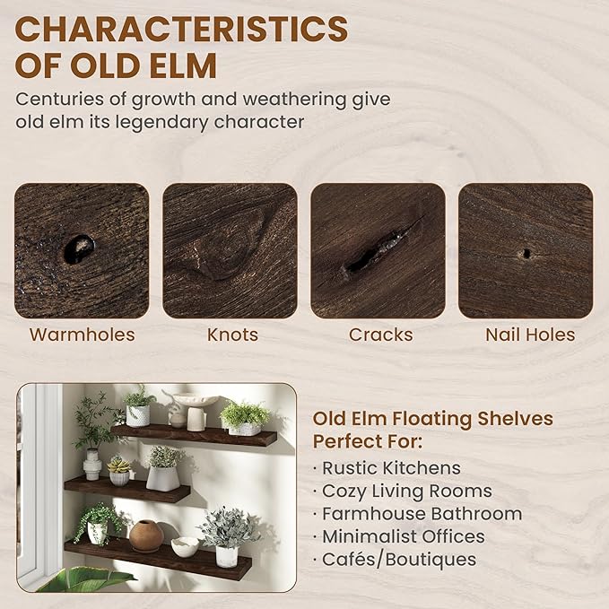 Rustic 30" Floating Shelves, Real Elm Wood Floating Shelf for Wall, Heavy-Duty Wall Shelves for Books, Wooden Floating Shelves with Invisible Bracket for Bathroom, Kitchen, Walnut Color, Set of 2