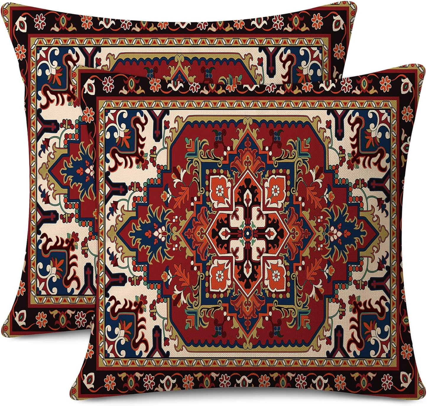Outdoor Waterproof Pillow Covers 18x18 Inch Red Floral Bohemian Vintage Carpet Pattern Ethnic Design Decorative Farmhouse Cushion Cases for Sofa Couch Garden Balcony Set of 2