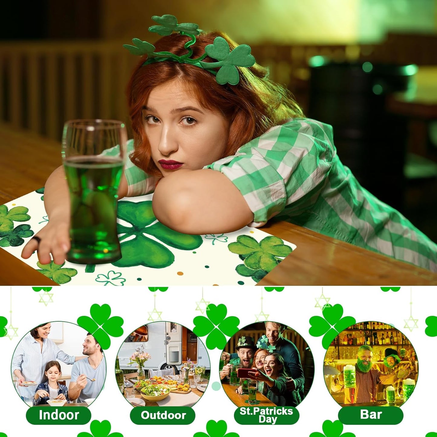St. Patrick's Day Placemats Set of 6 Reusable Lucky Shamrock Plastic Table Mats Easy Clean Clover Place Mats Wipeable Spring Irish Table Decoration for Indoor Outdoor Party Kitchen Dining