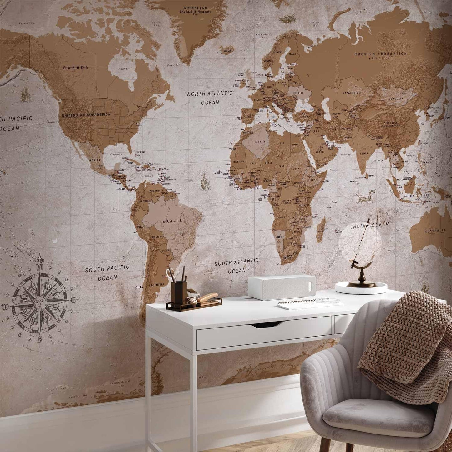 artgeist Wall Mural World Map 173x124 in - Peel and Stick Self-Adhesive Wallpaper Removable Large Sticker Foil Wall Decor Print Picture Image Design Map of The World k-A-0108-a-a