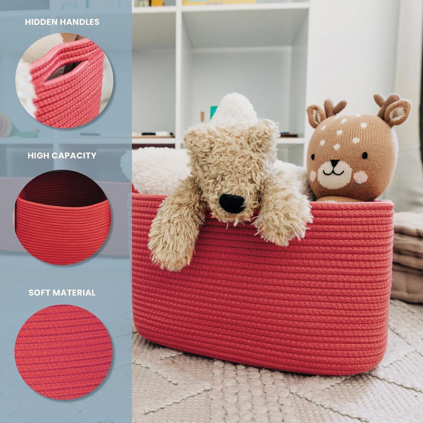 OrganiHaus Woven Storage Baskets for Organizing, Cotton Rope Organizer Bins for Shelves, Closet & Nursery, Dog Toy Basket, Decorative Bins for Toys, Towels & Books - 15x10x9, Red