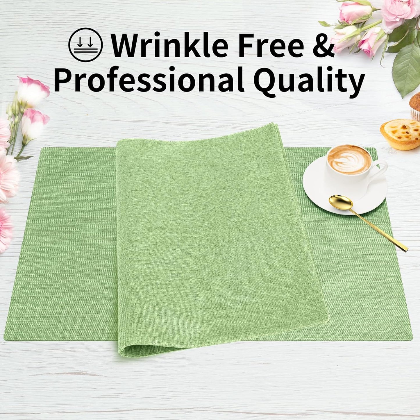 Cloth Placemats, Set of 6 Heat-Resistant Cotton Linen Blend Double Layered Machine Washable Place Mats, Wrinkle Free Thick Fabric Dining Table Mats for Indoors & Outdoors (Grass Green, 6)