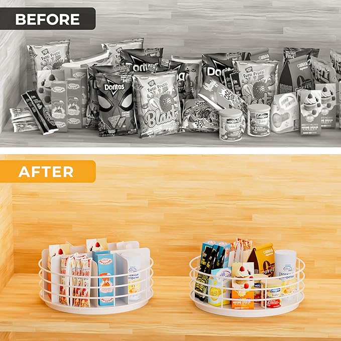 Snack Organizer - Versatile Snack Storage, Lazy Susan with Convenient Grab-and-Go Design, Metal Snack Holder for Home, Office, Breakroom, 10.85" L x 10.85" W x 5" H (White)