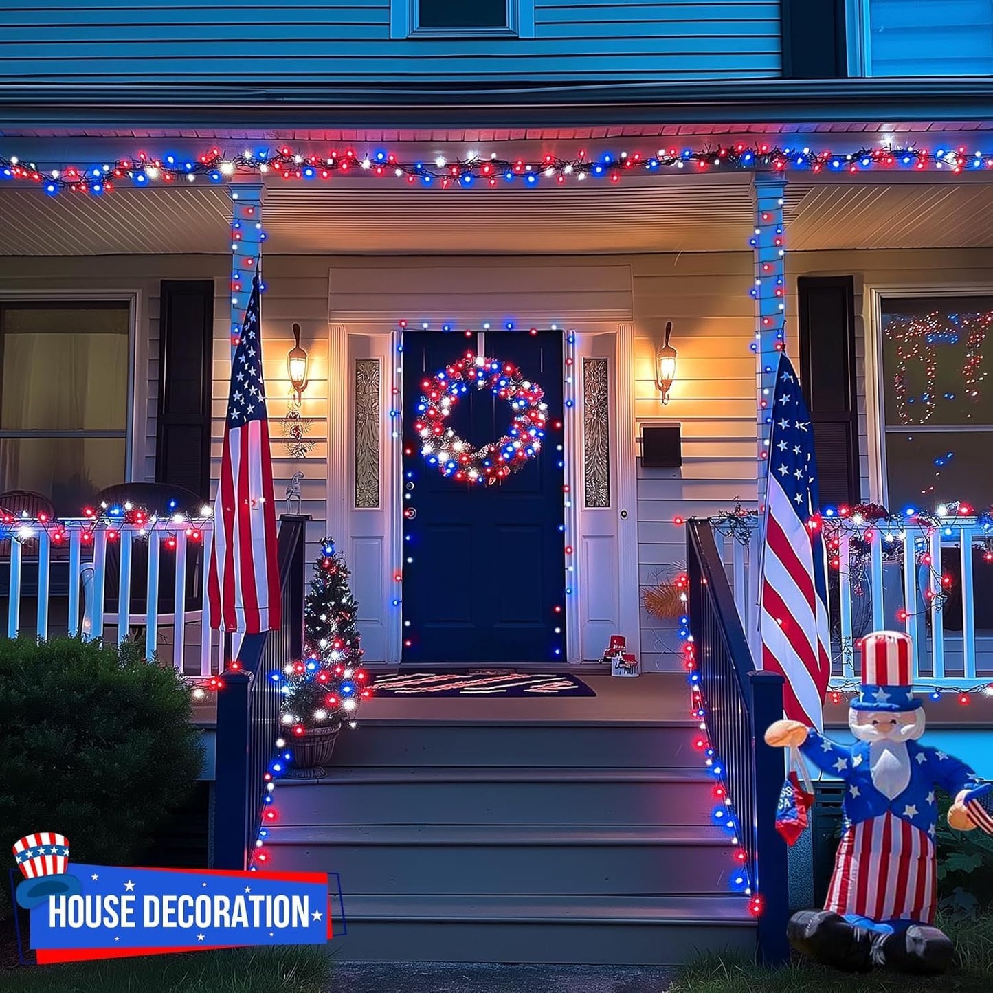 JMEXSUSS 200 LED 66ft Red White and Blue Lights Outdoor, Expandable Waterproof 4th of July Lights, 8 Modes Patriotic String Lights Plug in for 4th of July Tree Independence Day Indoor Decorations