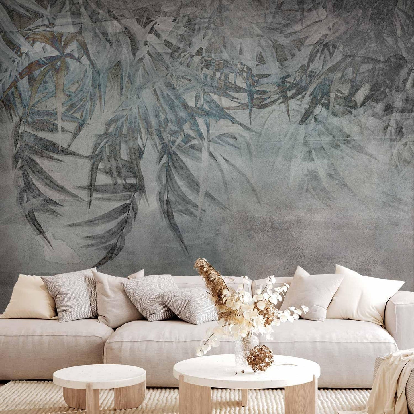 artgeist Wall Mural Leaves 77x55 in - XXL Peel and Stick Self-Adhesive Wallpaper Removable Large Sticker Foil Wall Decor Print Picture Image Design Palm Leaves Concrete Nature Grey b-C-10103-a-a