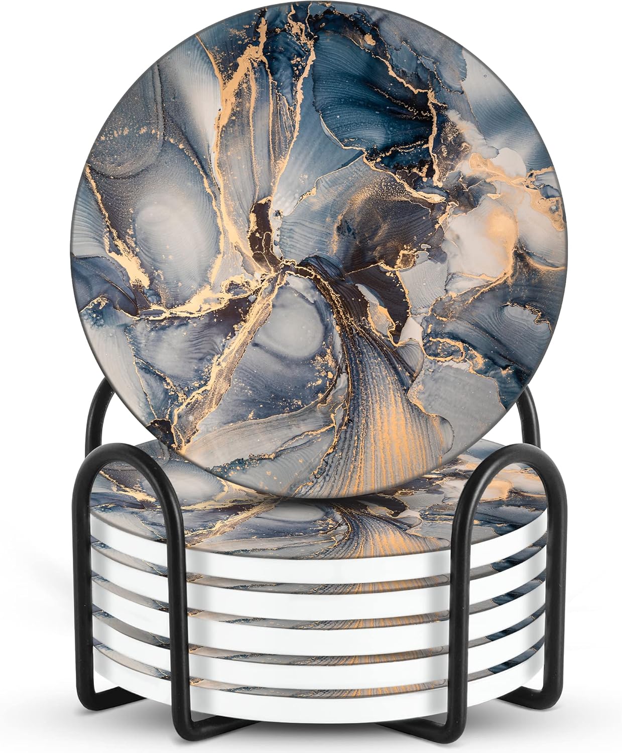 Emerson Coasters for Drinks Absorbent – Natural Stone Drink Coasters Set with Holder, Coasters for Coffee Table, Wooden Tabletop Protection Marble Style – 100% Heavy Duty Set of 6 (Atlas)