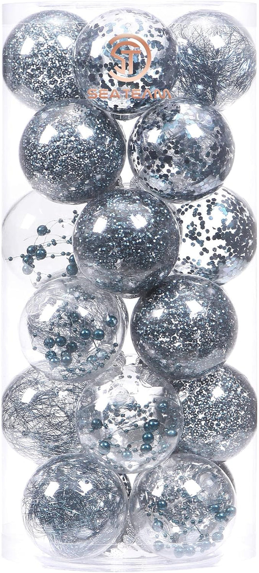 Sea Team Shatterproof Clear Plastic Christmas Ball Ornaments Decorative Xmas Balls Baubles Set with Stuffed Delicate Decorations (70mm/2.76 inch 24-Pack, Stone Blue)