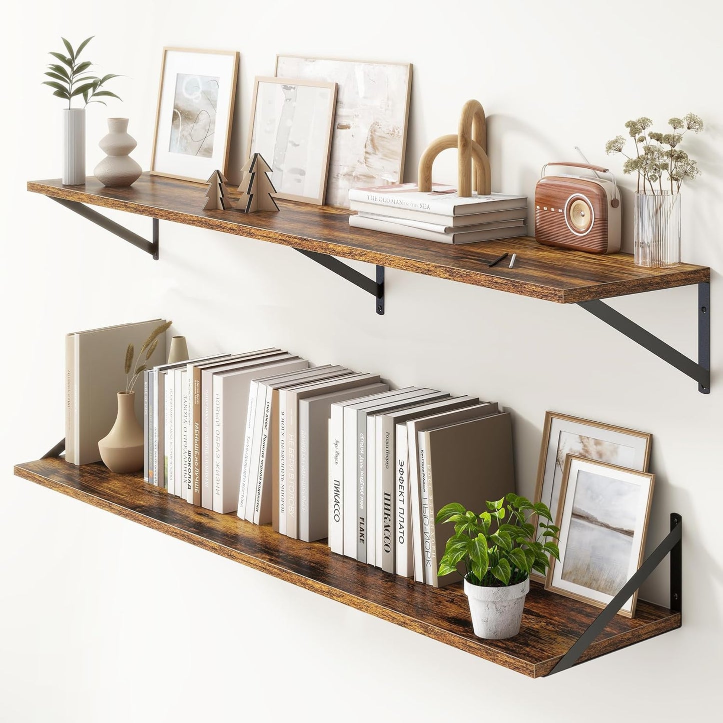 Floating Shelves 55 Inch Long, 10" Deep Floating Shelves, Wall Shelves 55 x 10, Set of 2, Wide Large Display Storage Shelves for Bathroom, Living Room, Rustic Wood Shelves with Brackets, Rustic Brown