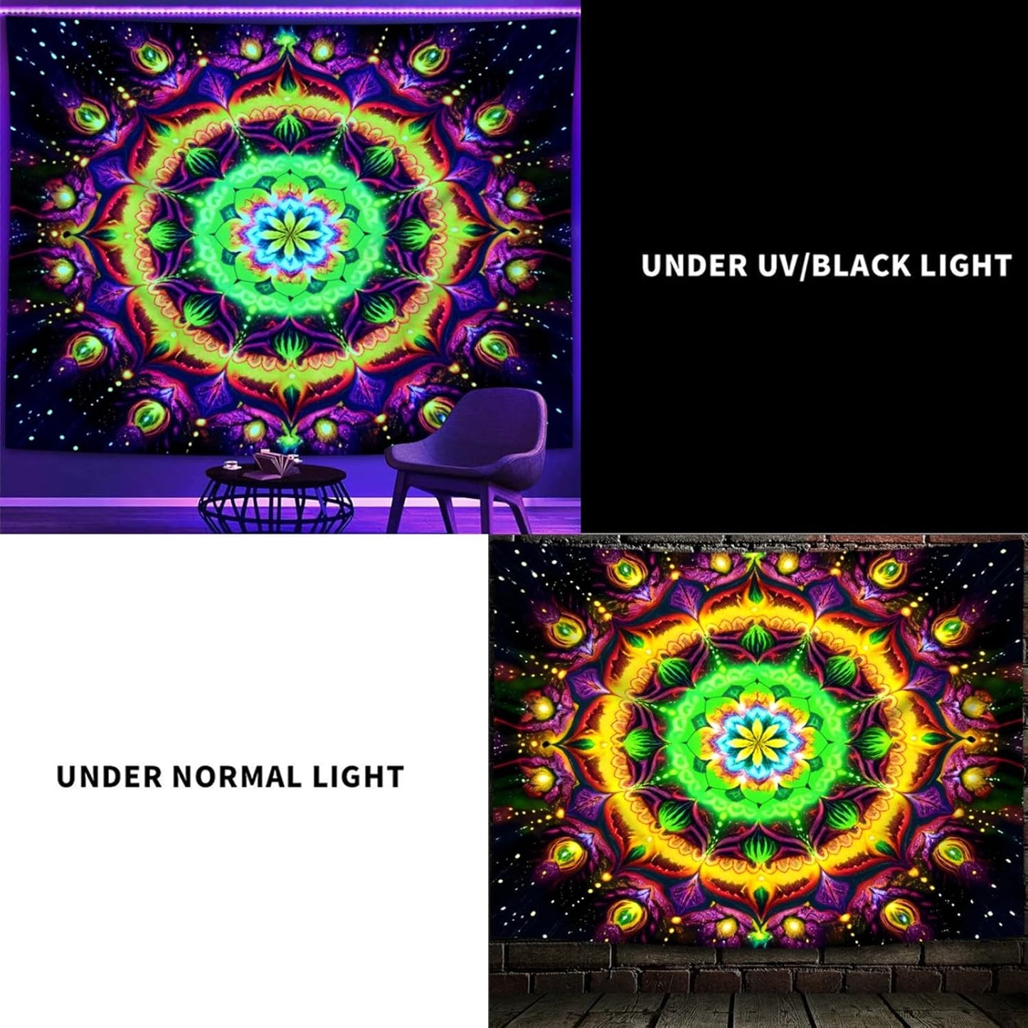 Blacklight Mandala Tapestry for Bedroom, Psychedelic Flower Black Light Posters for Adults and Teens, UV Reactive Aesthetic Bohemian Art Wall Hanging Decor Golden and Green (60 x 50 Inches)