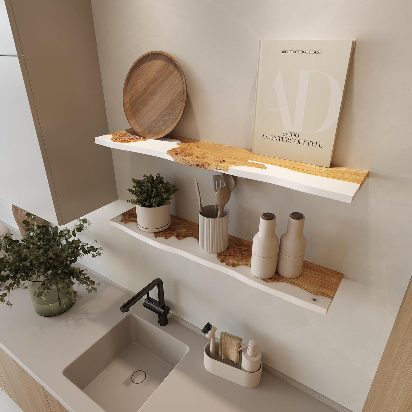 RWA Unique Live Edge Floating Shelf for Wall - Stylish Hanging Shelves for Room Wall Bedroom Bathroom Office Decor, Epoxy and Wood Wall Shelf Plank - Elegant Wall Mounted Shelves (white, 16x6":)
