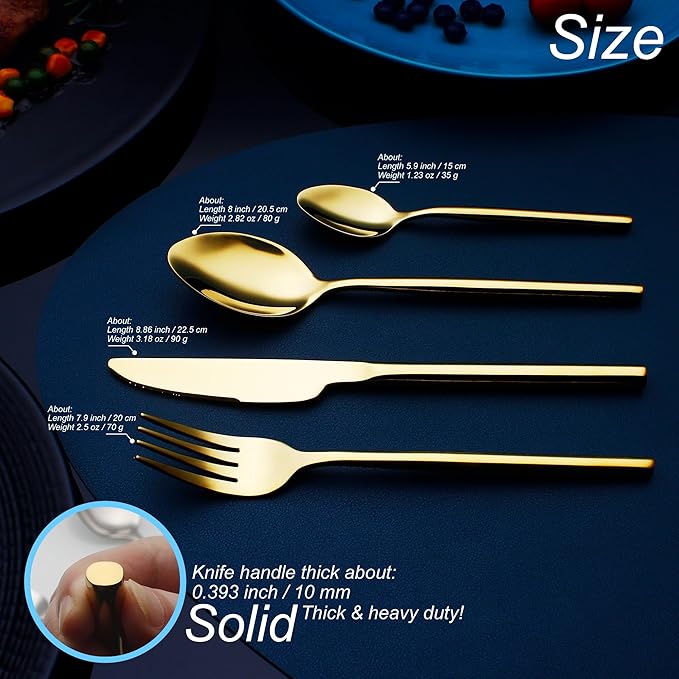 24 Piece Silverware Set For 6 Gold Heavy duty 18/10 Stainless Steel Flatware Set Modern Design Knife/Fork/Spoon Mirror Polished Dishwasher Safe Cutlery Set with Gifts