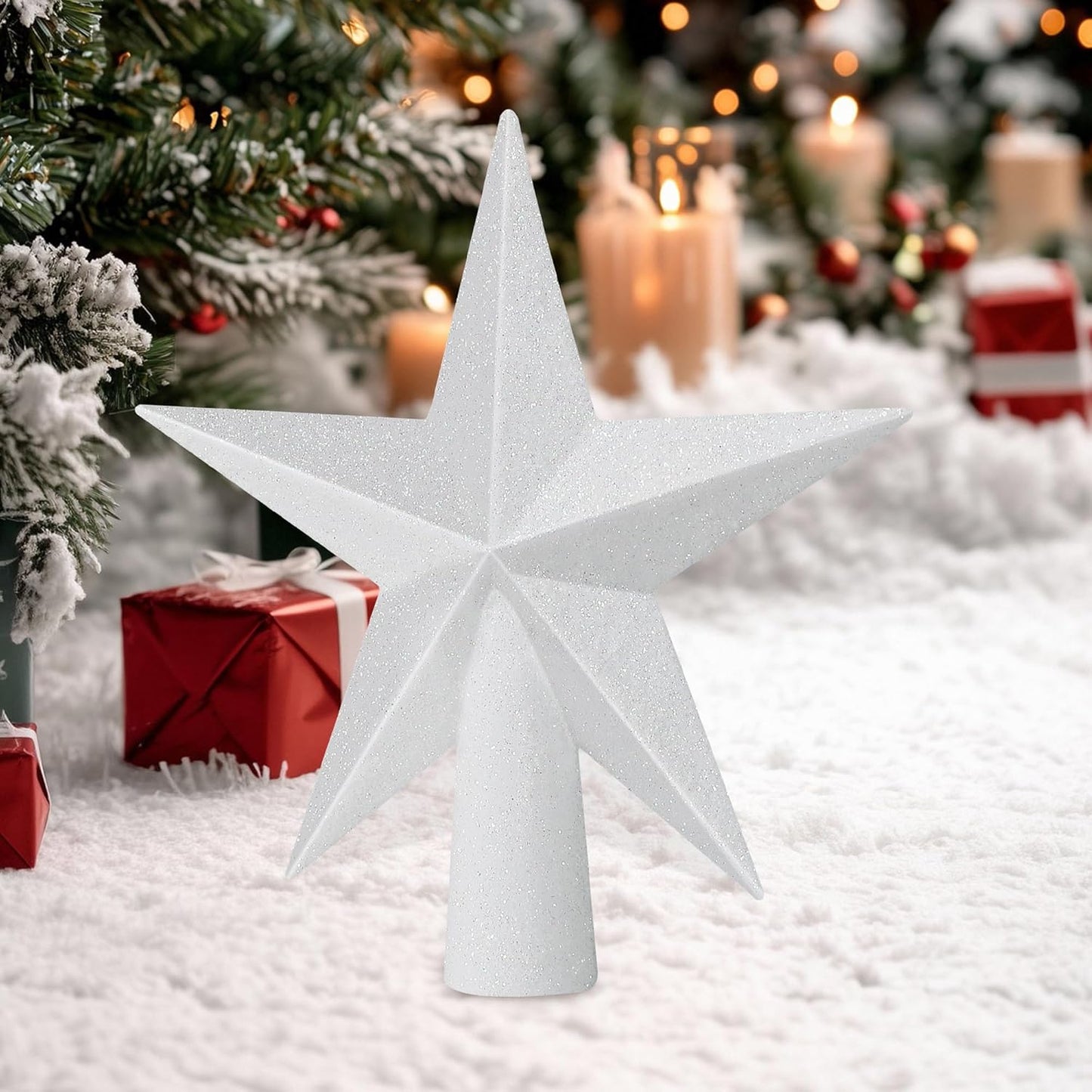 Christmas Tree Topper, 1PCS 6" White Glitter Star Tree Topper, 3D Xmas Shatter-Proof Mini Bethlehem Star Tree Topper Decorations, Waterproof Christmas Decor for Holiday Home Outdoor Ornament