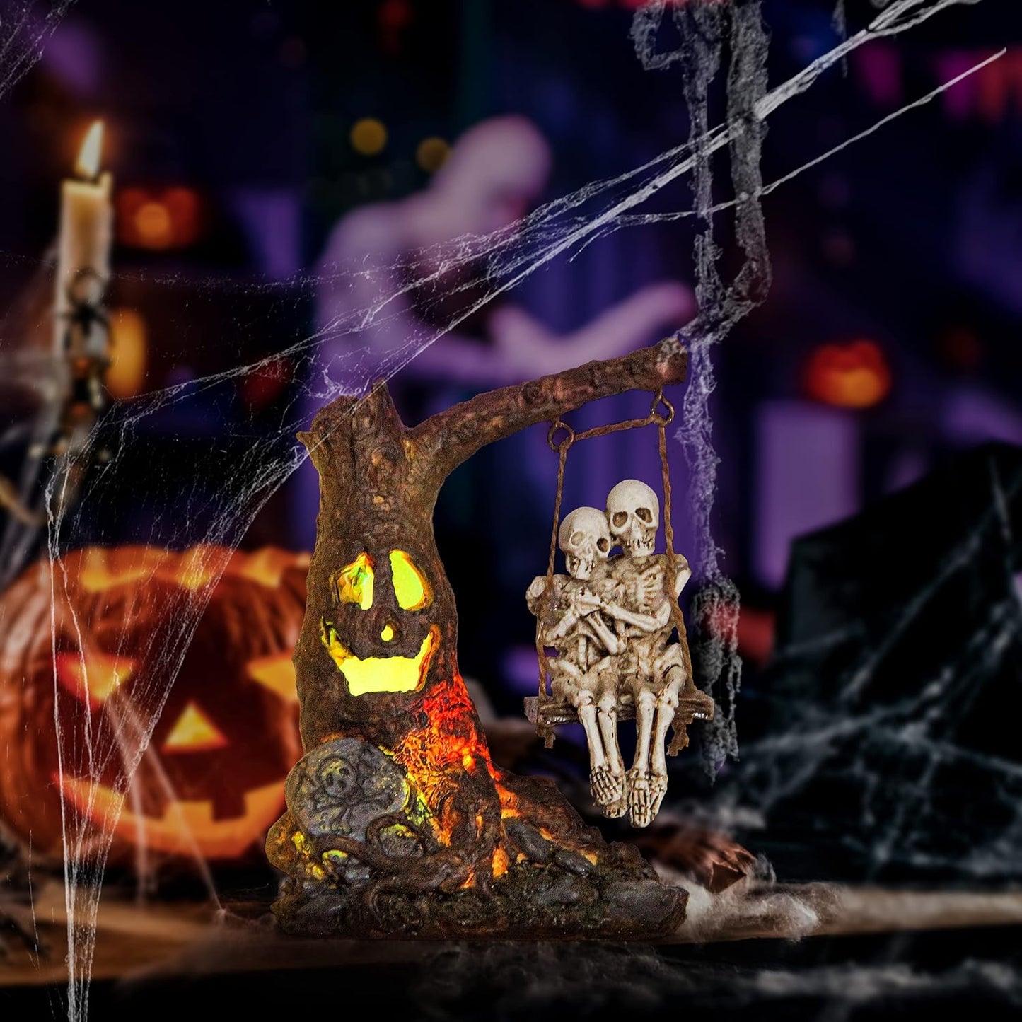 Halloween Skull Statue with Spooky LED Light for Holiday Decorations, Halloween Decor with Romantic Skeleton Couple on Swing Tombstone Tree, Grinning Skull Decor Props Haunted Collectible Gift