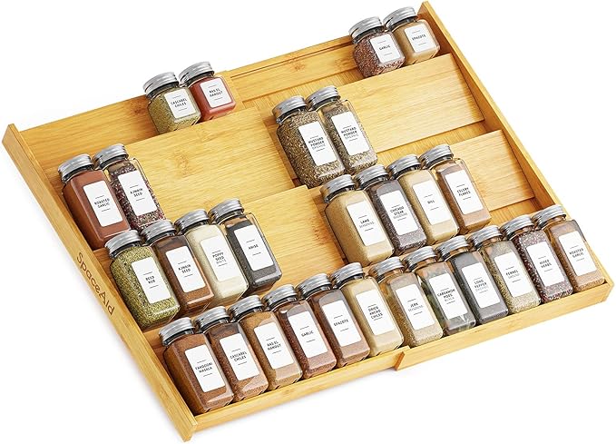 SpaceAid Bamboo Spice Drawer Organizer, (Need 3" Deep Drawer) Expandable 4 Tier Spices Rack for Cabinet, Kitchen Seasoning Storage Insert (Jars Not Included, From 12" to 23" Wide)